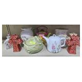 ASST. PORCELAIN, AND CHINA TEAPOTS, CANDLES, MORE