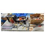 TABLE LOT OF ASST. MACHETES, HATCHETS, AND TOOLS