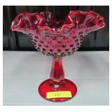 7' FENTON GLASS RUBY HOBNAIL COMPOTE