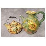 2- PC SUNFLOWER & ROOSTER CERAMIC PITCHER & TEAPOT