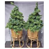 PAIR OF BAMBOO PLANTERS W/ LIGHTED CHRISTMAS TREES