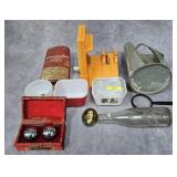 LOT W/ VINTAGE PYREX, BOTTLES, SCOOPS & MORE