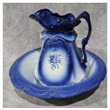 VINTAGE BLUE & WHITE STONEWARE BOWL AND PITCHER