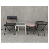 LOT OF 4- ASST. CHAIRS, STOOLS & SIDE TABLES