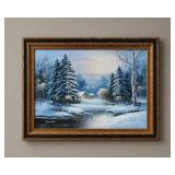 FRAMED SNOWY COTTAGE OIL ON CANVAS