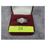 STERLING SILVER CZ HALO ENGAGEMENT RING, SZ-7