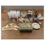 BOX LOT OF ASST. GLASS, TINS & CERAMICS