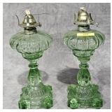 PAIR OF 11' GREEN GLASS OIL LAMPS
