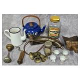 LOT W/ POWDER HORN, BELLS & MORE