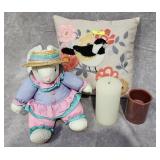 CREWEL WORK PILLOW, PLUSH & CANDLES