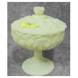 8' FENTON GLASS SATIN VASELINE COMPOTE