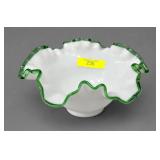 7' FENTON GLASS GREEN CREST RUFFLED BOWL
