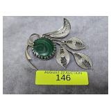 3' WEST GERMAN SILVER & MALACHITE BROOCH