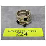 STERLING SILVER TRIPLE BAND ONYX RING, SZ-4