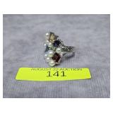 STERLING SILVER GEMSTONE & PEARL RING, SZ-6