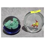 2- BLOWN GLASS FISH & FLOWER PAPERWEIGHTS