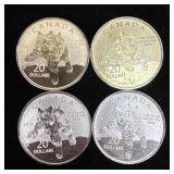 (4) 1/4th Ounce Canadian Silver Rounds: Bobcat