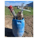 Blue barrel of hand tools and more