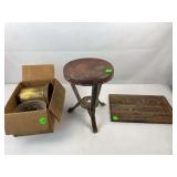 Vintage crate end, stool and torch