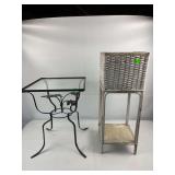 Wrought iron glass table and wicker stand