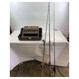 3 Fishing poles and tackle box