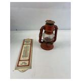 Vintage Dietz lantern and metal thermometer with advertising