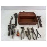 Metal toolbox with vintage tools