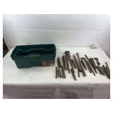 Green plastic tool box with tools
