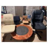 2 office chairs and small trampoline