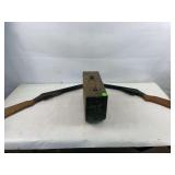 Vintage ammunition box and 2 toy guns