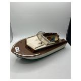 Vintage Wooden Model Boat With Outboard