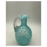 Blue Art Glass Pitcher with Ruffled Rim