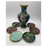 Cloisonne Vase and Seven Dishes Set