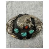 Silver Belt Buckle with Bear and Turquoise