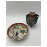 Japanese Kutani Plate and Tripod Vase