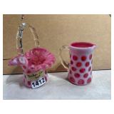Fenton Cranberry Dot Basket and Pitcher