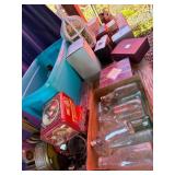 Table Lot With Decor and Glass Items