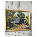 Framed Painting of Covered Bridge Scene