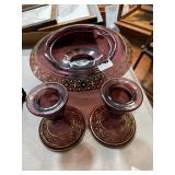 Ruby Glass Bowl and Candlestick Set