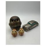 Ceramic Owls and Diecast Car Lot
