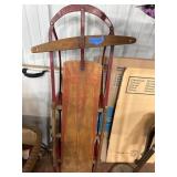 Wood and Metal Snow Sled with Red Accents