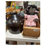 3-Piece Lot with Jug, Doll, and Crate