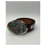 Leather Belt with Turquoise Inlaid Buckle