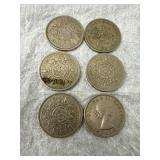 Six British Two Shilling Coins