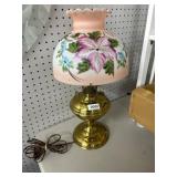 Brass Oil Lamp with Floral Glass Shade