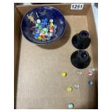 Decorative Bowl, Marbles, and Candle Holders