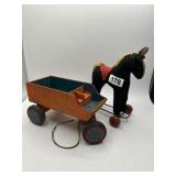 Vintage Pull-Toy Horse and Wooden Cart