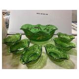 Green Glass Bowl and Six Matching Dishes