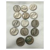 13 Mercury Dimes, 90% Silver