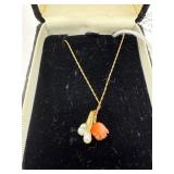 14K Gold Coral Flower Pendant Necklace